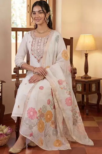 women floral embroidered regular thread work kurta with trousers & with dupatta