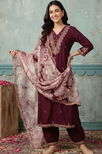 women ethnic motifs embroidered regular thread work kurta with patiala & with dupatta