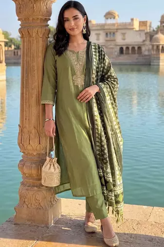 women ethnic motifs embroidered regular thread work kurta with trousers & with dupatta
