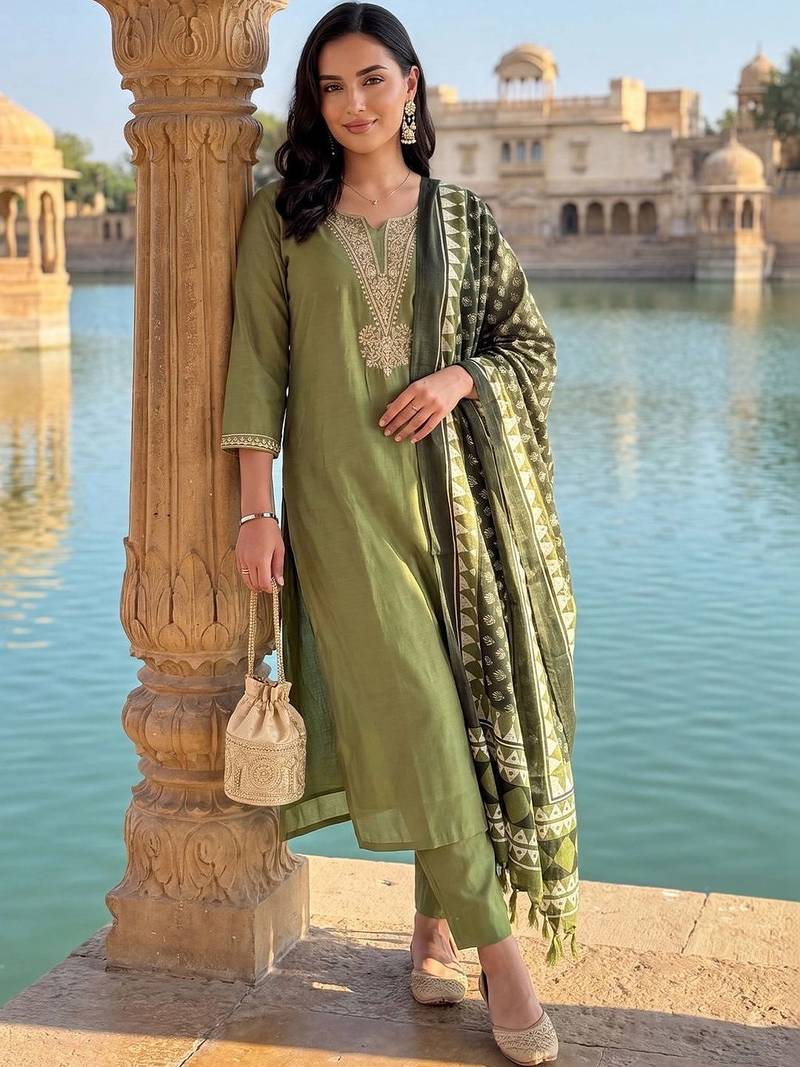 women ethnic motifs embroidered regular thread work kurta with trousers & with dupatta