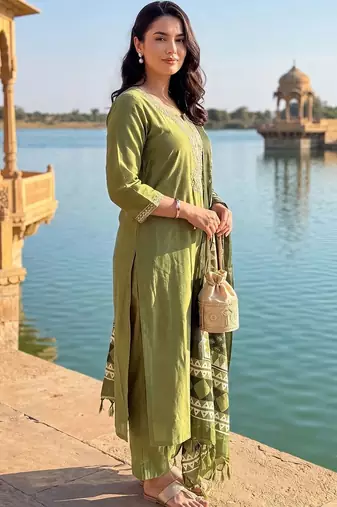 women ethnic motifs embroidered regular thread work kurta with trousers & with dupatta