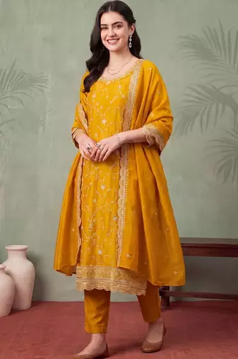 women ethnic motifs embroidered regular thread work kurta with trousers & with dupatta
