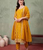 women ethnic motifs embroidered regular thread work kurta with trousers & with dupatta