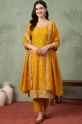 women ethnic motifs embroidered regular thread work kurta with trousers & with dupatta