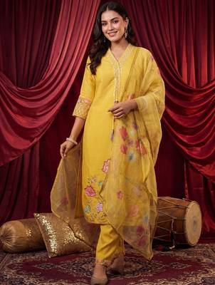 women ethnic motifs embroidered regular thread work kurta with trousers & with dupatta 4