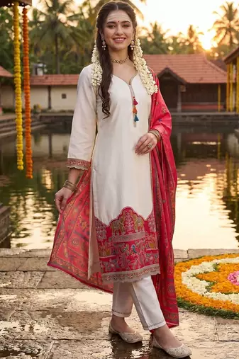 women ethnic motifs printed regular kurta with trousers & with dupatta