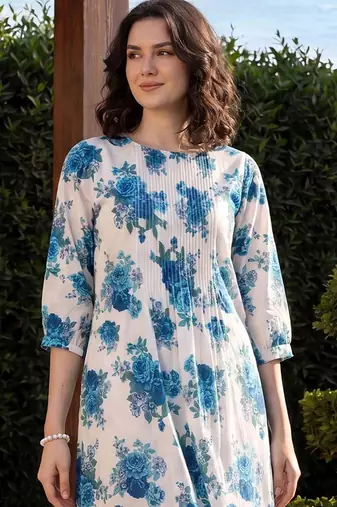 women floral printed pleated cotton kurta with trousers