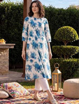 women floral printed pleated cotton kurta with trousers 5