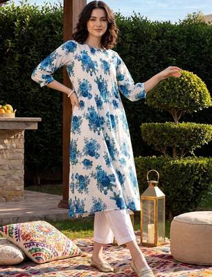 women floral printed pleated cotton kurta with trousers 1