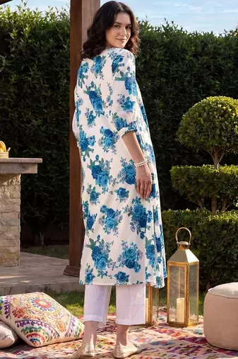 women floral printed pleated cotton kurta with trousers