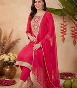 women ethnic motifs embroidered regular kurta with trousers & with dupatta