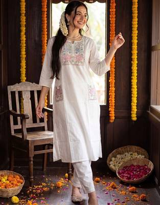 women floral embroidered regular thread work cotton kurta with trousers 1