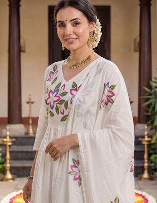 women floral printed empire cotton kurta with trousers & with dupatta 2