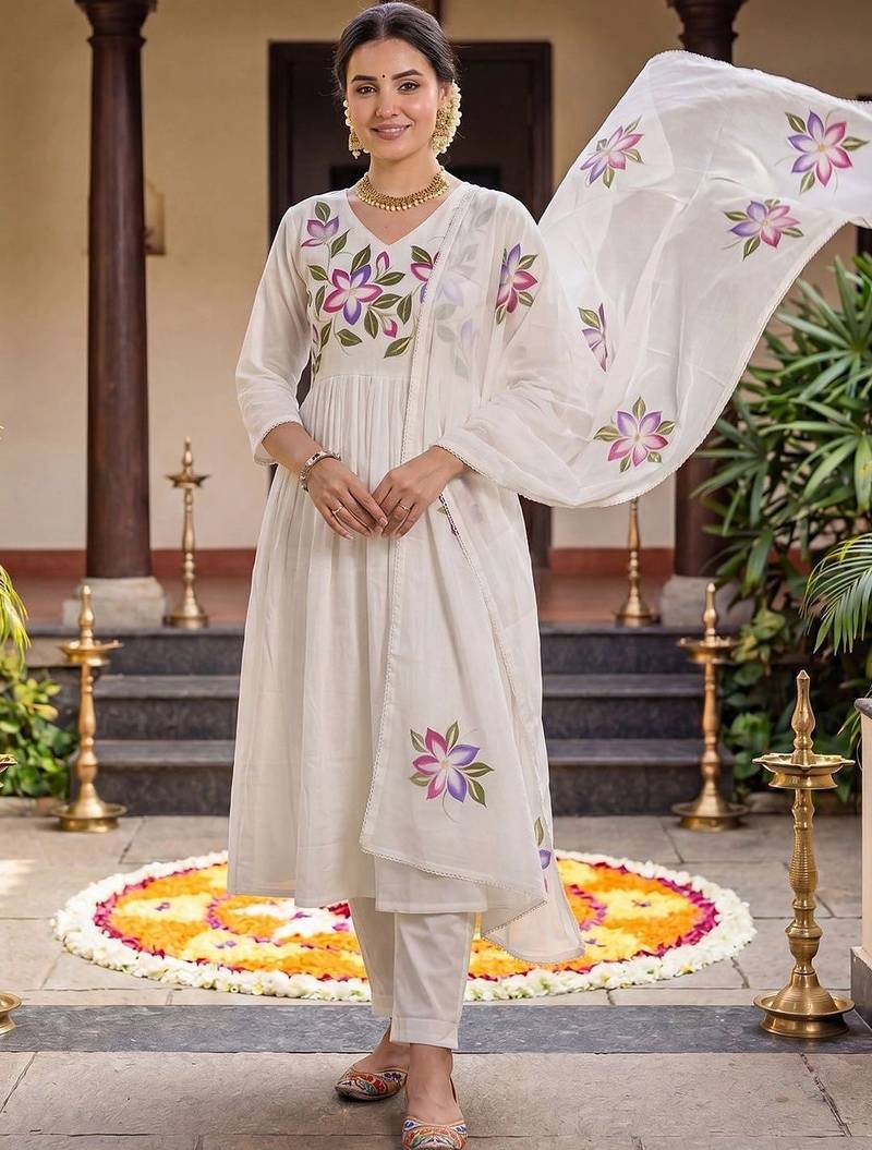 women floral printed empire cotton kurta with trousers & with dupatta