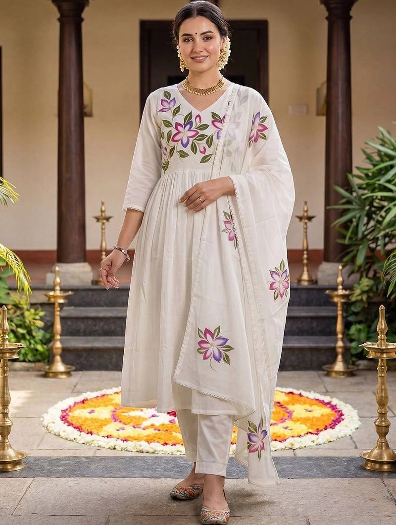 women floral printed empire cotton kurta with trousers & with dupatta