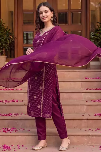 women ethnic motifs printed regular kurta with trousers & with dupatta