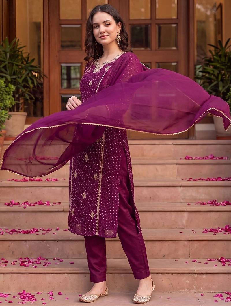 women ethnic motifs printed regular kurta with trousers & with dupatta
