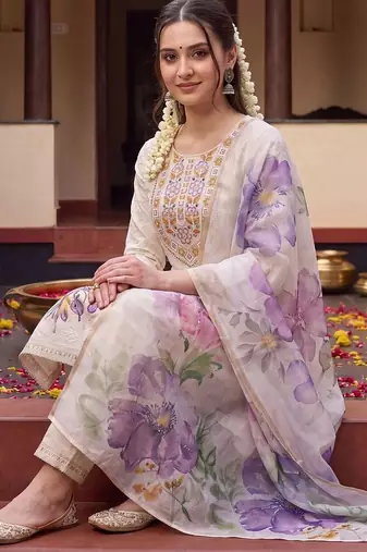 women floral embroidered regular thread work cotton kurta with trousers & with dupatta