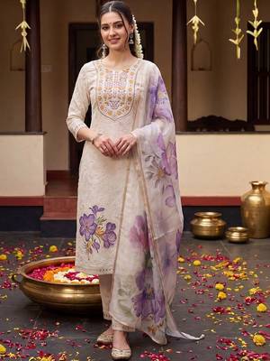 women floral embroidered regular thread work cotton kurta with trousers & with dupatta 6