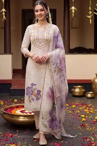 women floral embroidered regular thread work cotton kurta with trousers & with dupatta