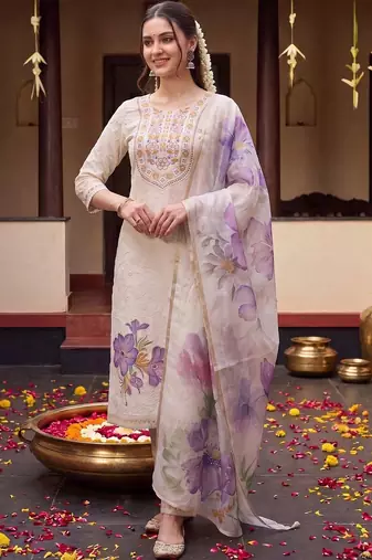 women floral embroidered regular thread work cotton kurta with trousers & with dupatta