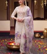 women floral embroidered regular thread work cotton kurta with trousers & with dupatta