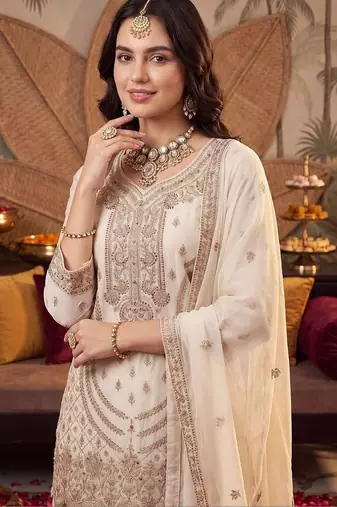 women ethnic motifs embroidered regular thread work kurta with sharara & with dupatta