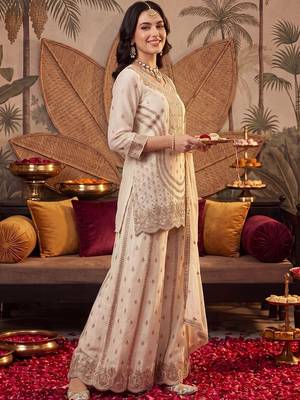 women ethnic motifs embroidered regular thread work kurta with sharara & with dupatta 3