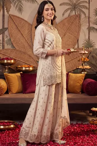women ethnic motifs embroidered regular thread work kurta with sharara & with dupatta
