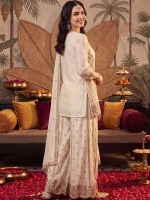 women ethnic motifs embroidered regular thread work kurta with sharara & with dupatta 4