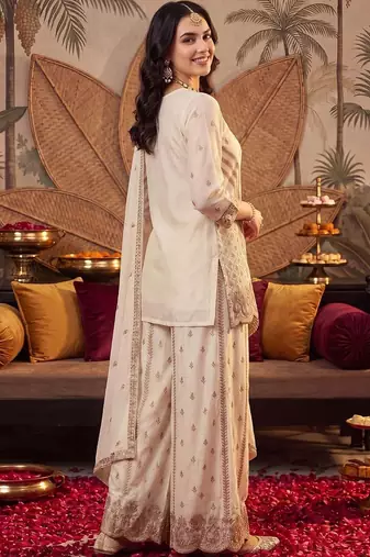 women ethnic motifs embroidered regular thread work kurta with sharara & with dupatta