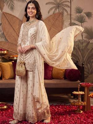 women ethnic motifs embroidered regular thread work kurta with sharara & with dupatta 5
