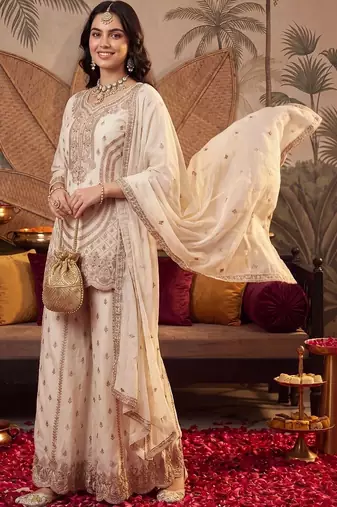 women ethnic motifs embroidered regular thread work kurta with sharara & with dupatta