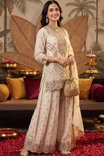 women ethnic motifs embroidered regular thread work kurta with sharara & with dupatta