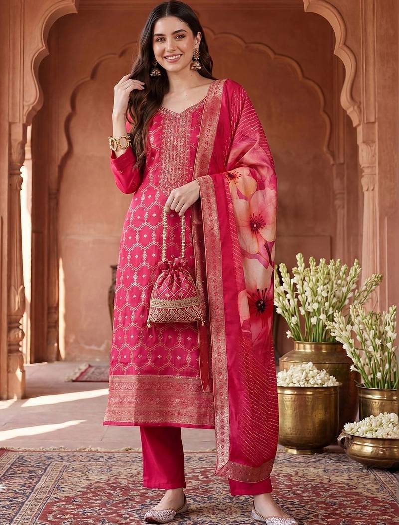 women ethnic motifs embroidered regular kurta with trousers & with dupatta
