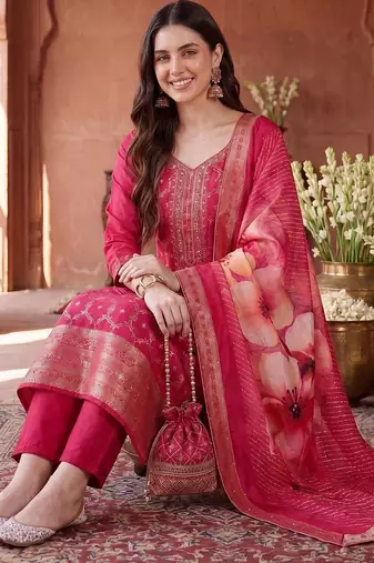 women ethnic motifs embroidered regular kurta with trousers & with dupatta