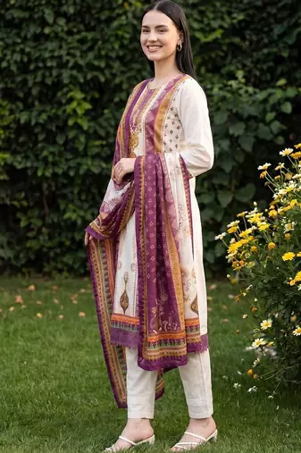 women ethnic motifs printed regular cotton kurta with trousers & with dupatta