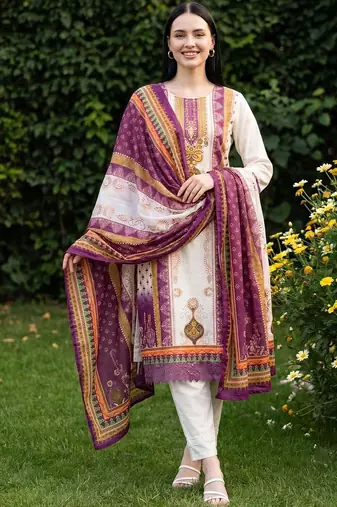 women ethnic motifs printed regular cotton kurta with trousers & with dupatta