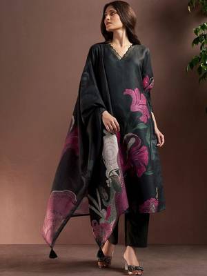 women floral printed regular linen kurta with trousers & with dupatta 1