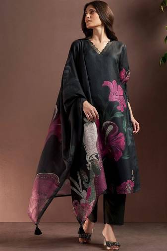 women floral printed regular linen kurta with trousers & with dupatta