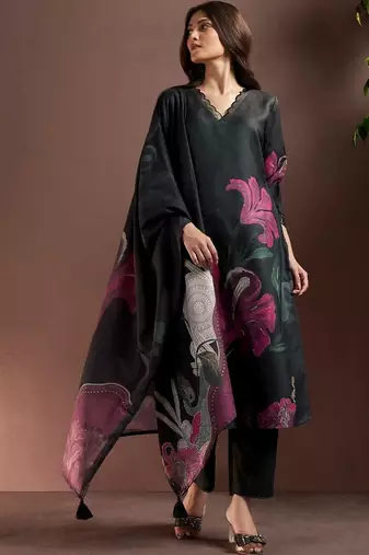 women floral printed regular linen kurta with trousers & with dupatta