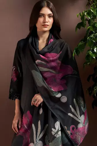 women floral printed regular linen kurta with trousers & with dupatta