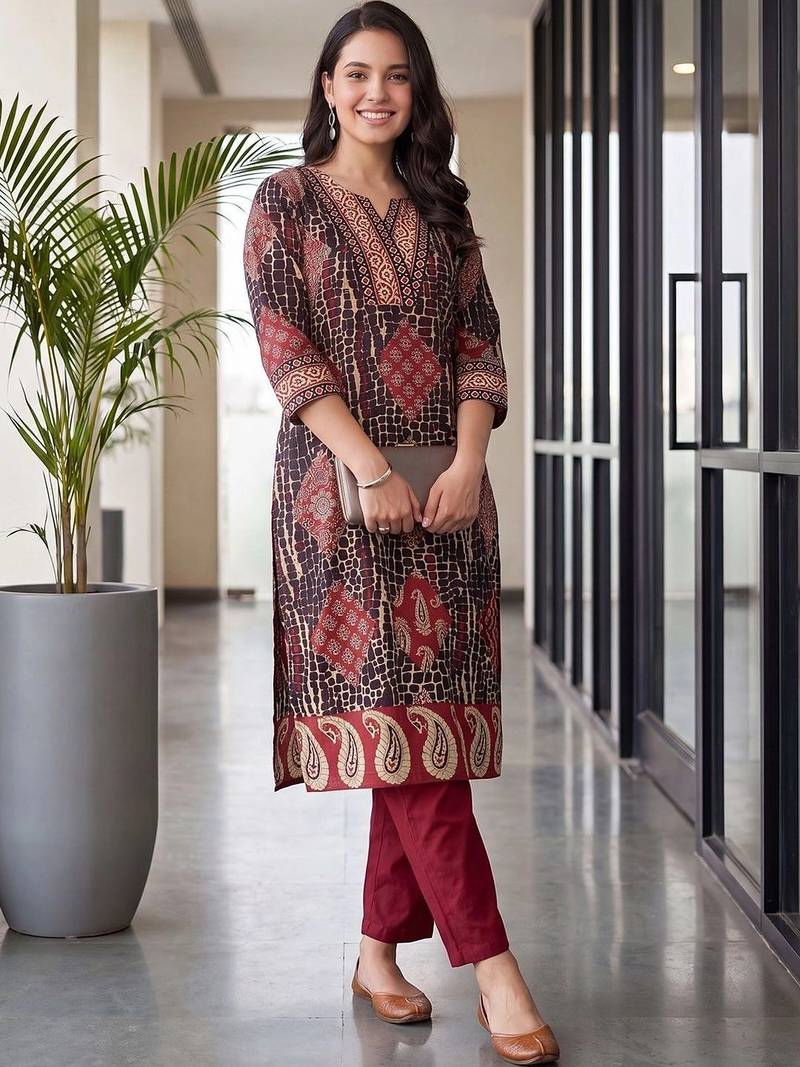 women ethnic motifs printed regular cotton kurta with trousers
