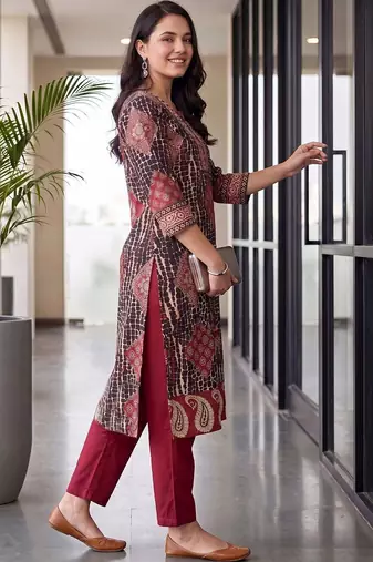 women ethnic motifs printed regular cotton kurta with trousers