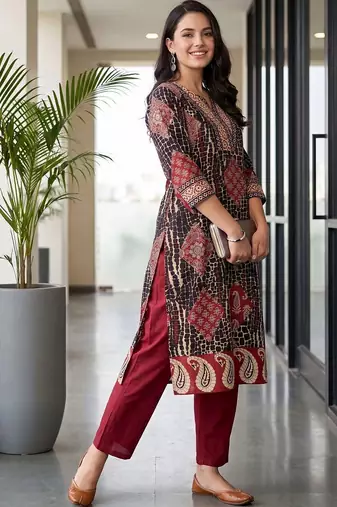 women ethnic motifs printed regular cotton kurta with trousers