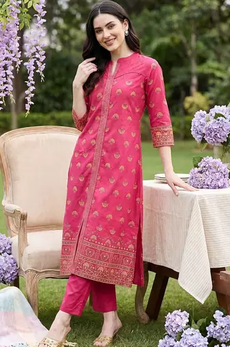 women ethnic motifs printed regular cotton kurta with trousers