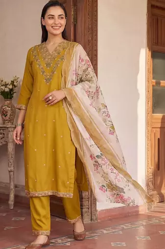 women ethnic motifs embroidered regular thread work kurta with trousers & with dupatta