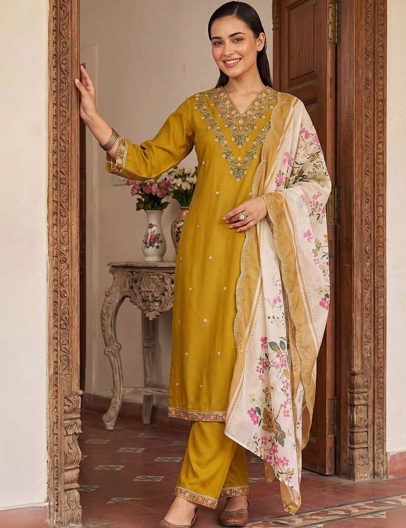 women ethnic motifs embroidered regular thread work kurta with trousers & with dupatta