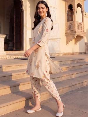 women floral printed regular thread work kurta with dhoti pants 1