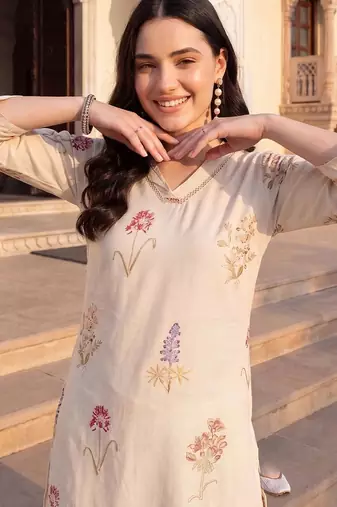 women floral printed regular thread work kurta with dhoti pants